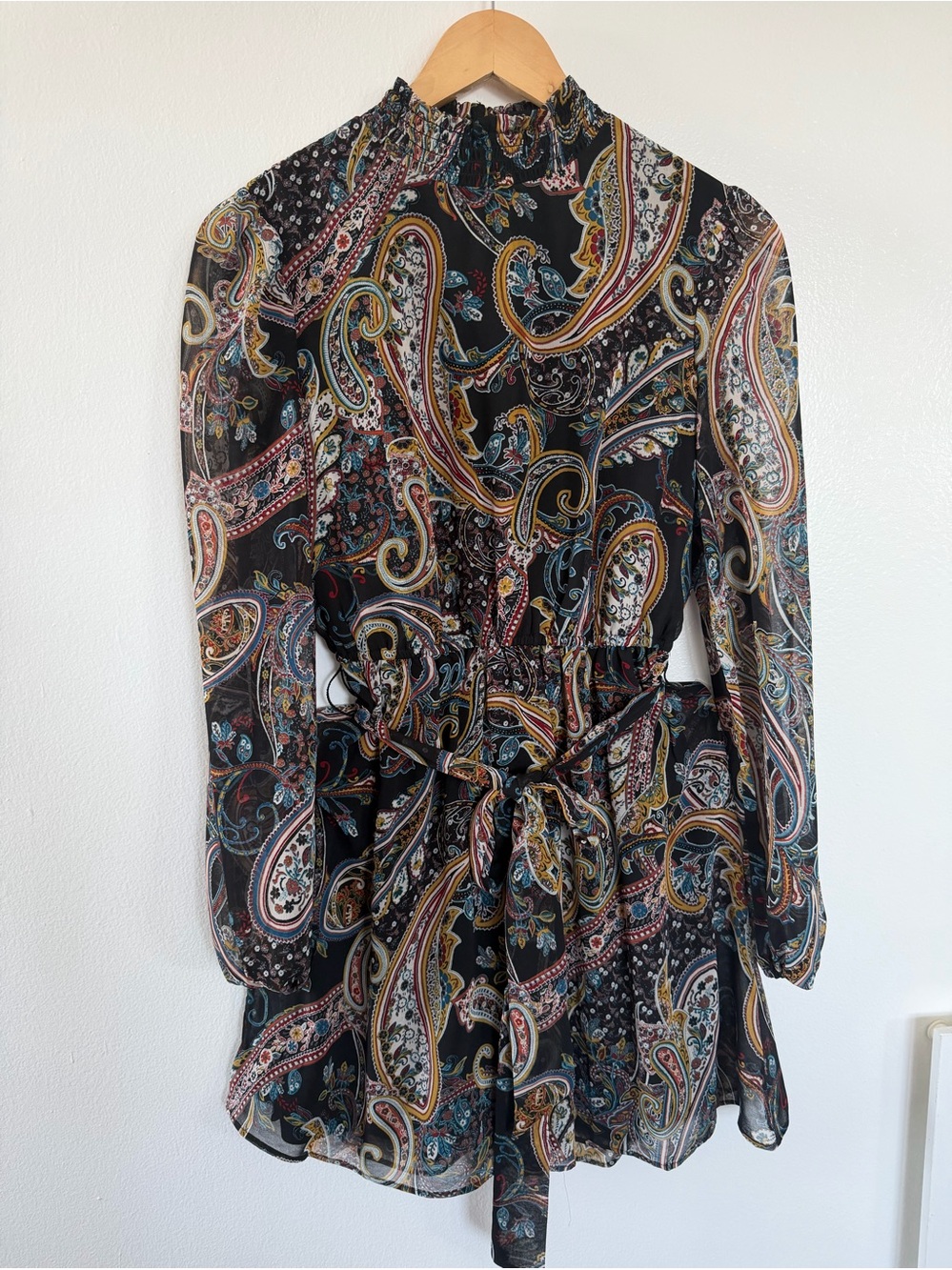 Paisley-Print Long Sleeve Tie-Waist Mini Dress, fall dress